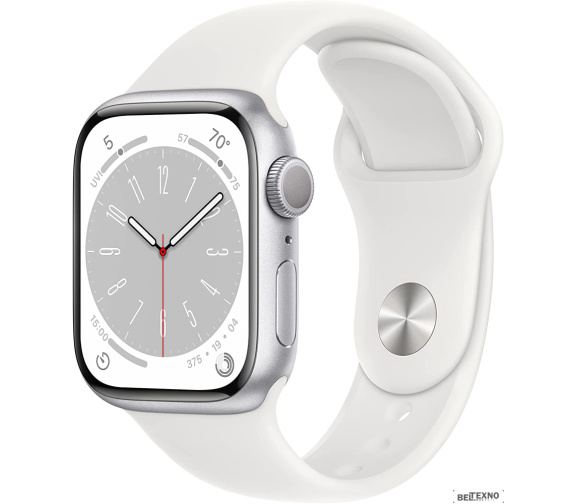             Умные часы Apple Watch Series 8 41 мм (алюминиевый корпус, серебристый/белый, спортивный силиконовый ремешок S/M)        