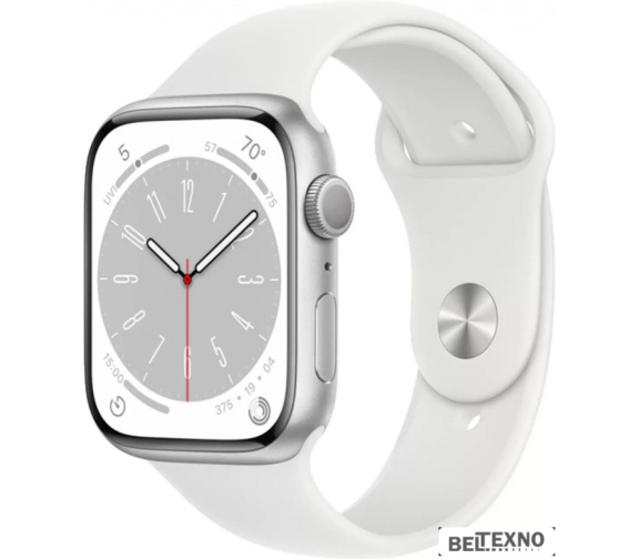             Умные часы Apple Watch Series 8 45 мм (алюминиевый корпус, серебристый/белый, спортивный силиконовый ремешок S/M)        