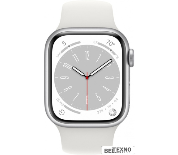             Умные часы Apple Watch Series 8 45 мм (алюминиевый корпус, серебристый/белый, спортивный силиконовый ремешок M/L)        