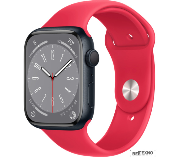             Умные часы Apple Watch Series 8 45 мм (алюминиевый корпус, полуночный/красный, спортивный силиконовый ремешок)        