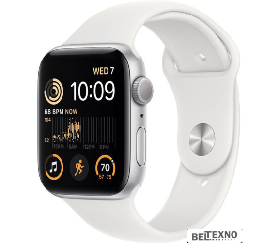             Умные часы Apple Watch SE 2 44 мм (алюминиевый корпус, серебристый/белый, спортивный силиконовый ремешок)        