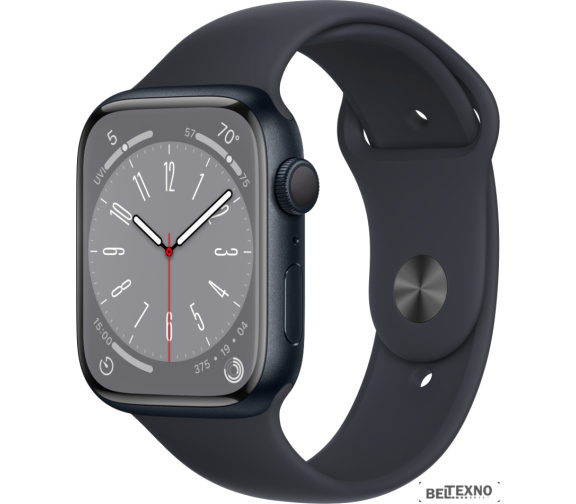             Умные часы Apple Watch Series 8 45 мм (алюминиевый корпус, полуночный/полуночный, спортивный силиконовый ремешок)        