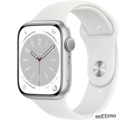             Умные часы Apple Watch Series 8 45 мм (алюминиевый корпус, серебристый/белый, спортивный силиконовый ремешок)        