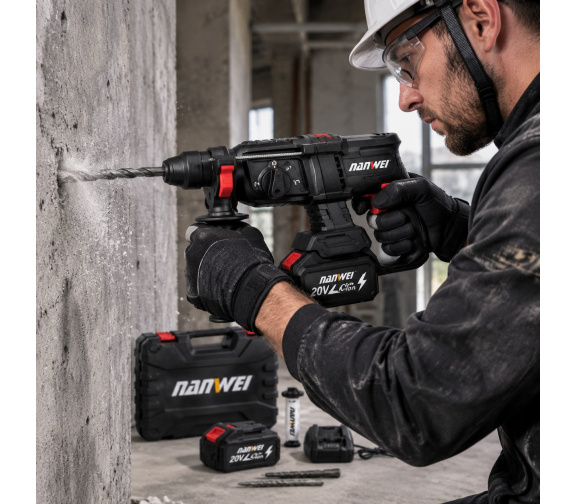 Аккумуляторный перфоратор NANWEI H5261 тип 26 в процессе бурения вертикальных швов