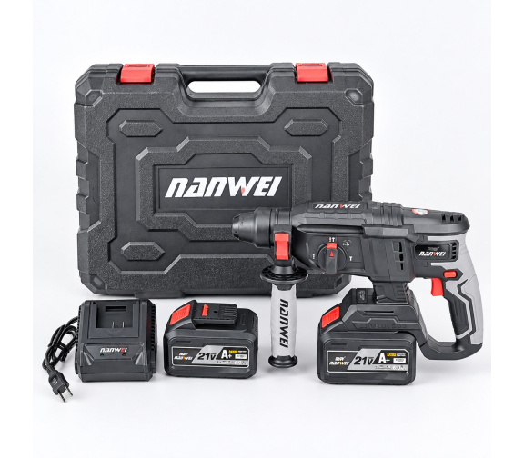 Комплектация легкого аккумуляторного перфоратора NANWEI H5261 с двумя батареями