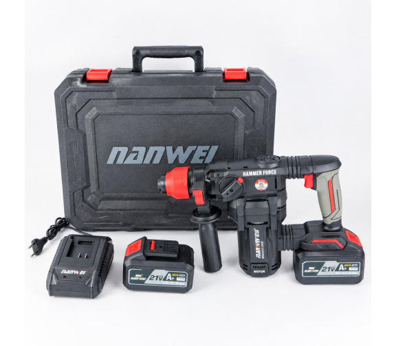 Комплектация тяжелого аккумуляторного перфоратора NANWEI H5282W с двумя батареями на 15 элементов