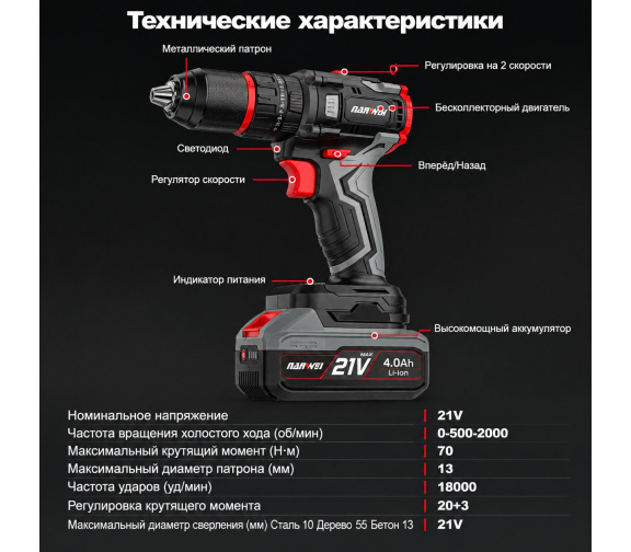 Бесщеточная ударная электродрель NANWEI D5216C-10 комплектация в кейсе