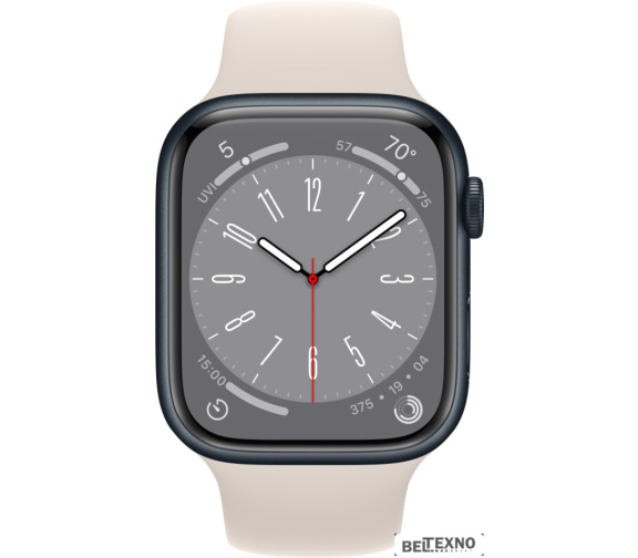             Умные часы Apple Watch Series 8 45 мм (алюминиевый корпус, полуночный/звездный свет, спортивный силиконовый ремешок)        