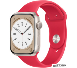             Умные часы Apple Watch Series 8 45 мм (алюминиевый корпус, звездный свет/красный, спортивный силиконовый ремешок)        